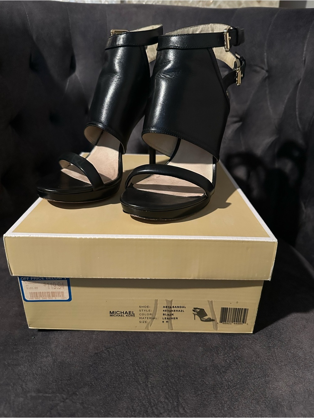 Michael Kors Asta Black Leather Open-Toe Ankle Strap Heels with Gold Buckles - Picture 6 of 7